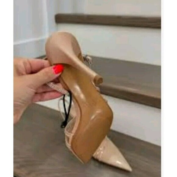 ZARA Pointed Toe Rhinestone Bow Slingback Heels 6.5 Tan NWT 3809 310 - Picture 1 of 5